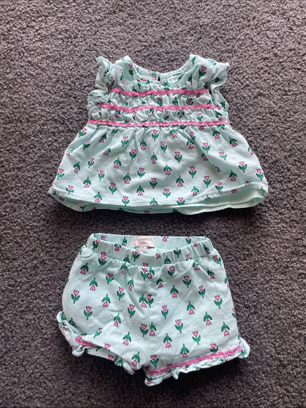 btween Mint Floral Smocked Tank & Shorts Set with Pink Accents